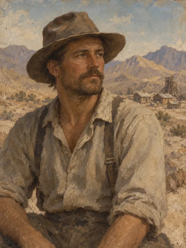 Interpretive painting of an imagined Nevada miner, with a desert settlement behind him.